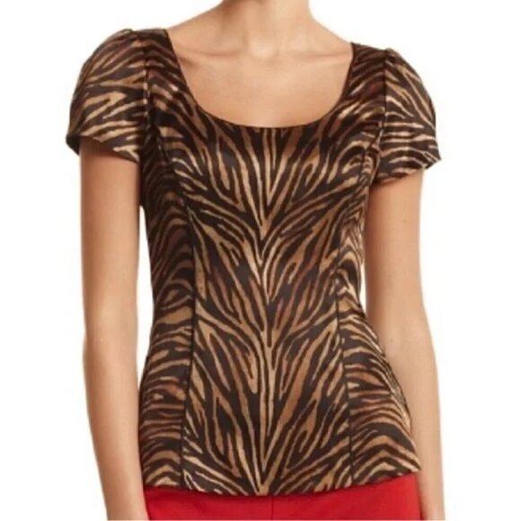 White House Black Market Brown Animal Print Silk Cap Sleeve Top - Picture 3 of 6